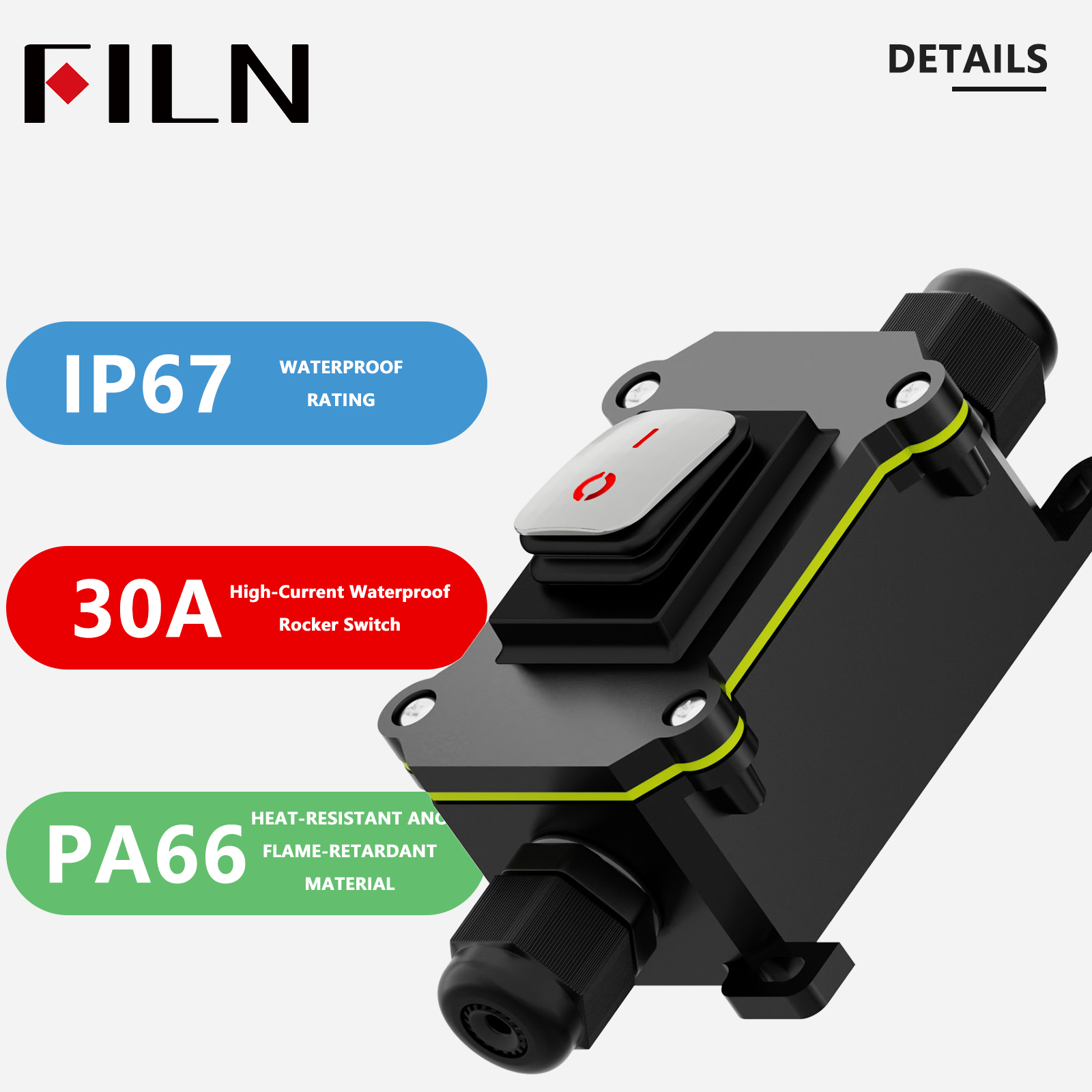 Outdoor Power Bar - FILN 30A Waterproof Rocker Switch with
